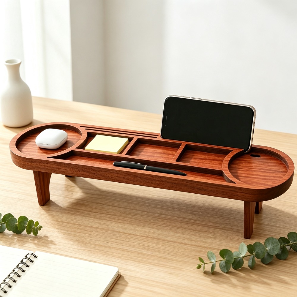Desk Setup Home - Wooden Desk Organizer with Phone Stand